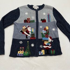 Tiara International Christmas Sweater Zip Up Ugly Sweater Santa